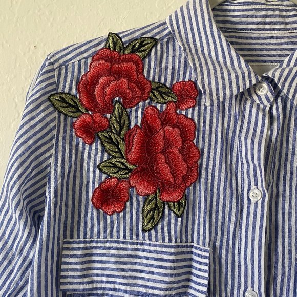 Rails Womens Blouse Size XS Frances Banker Stripe Floral Patch Button Down Shirt - Picture 3 of 11